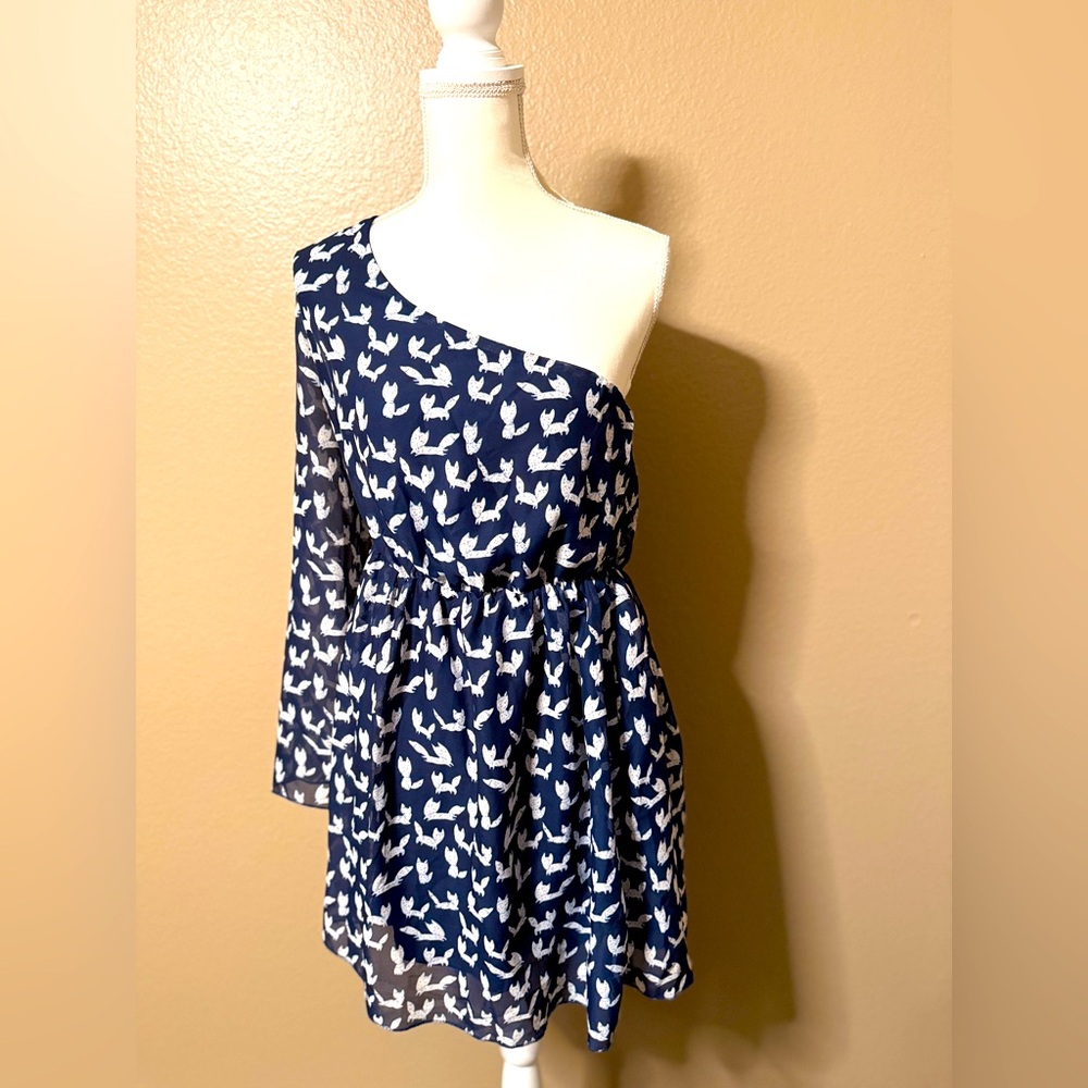 One-Shoulder Blue and White Dress